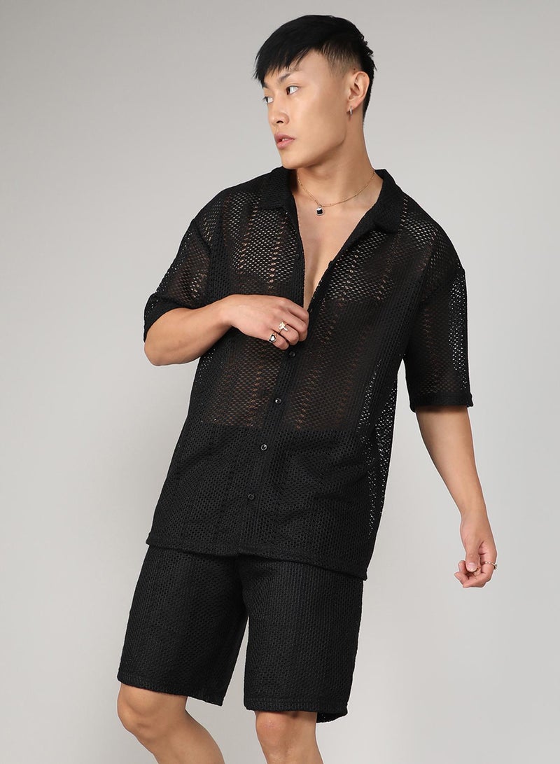 Campus Sutra Men's Onyx Black Crochet Co-Ord Set For Casual Wear | Spread Collar | Short Sleeve | Button Closure | Co-Ords Crafted With Comfort Fit For Everyday Wear - Image 2